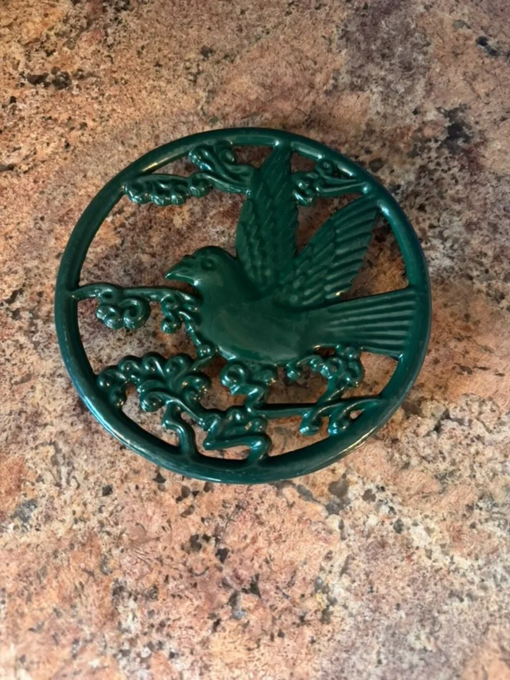 Vintage Forest Green Cast Iron Bird Trivet - Footed Hot Plate / Wall Decor
